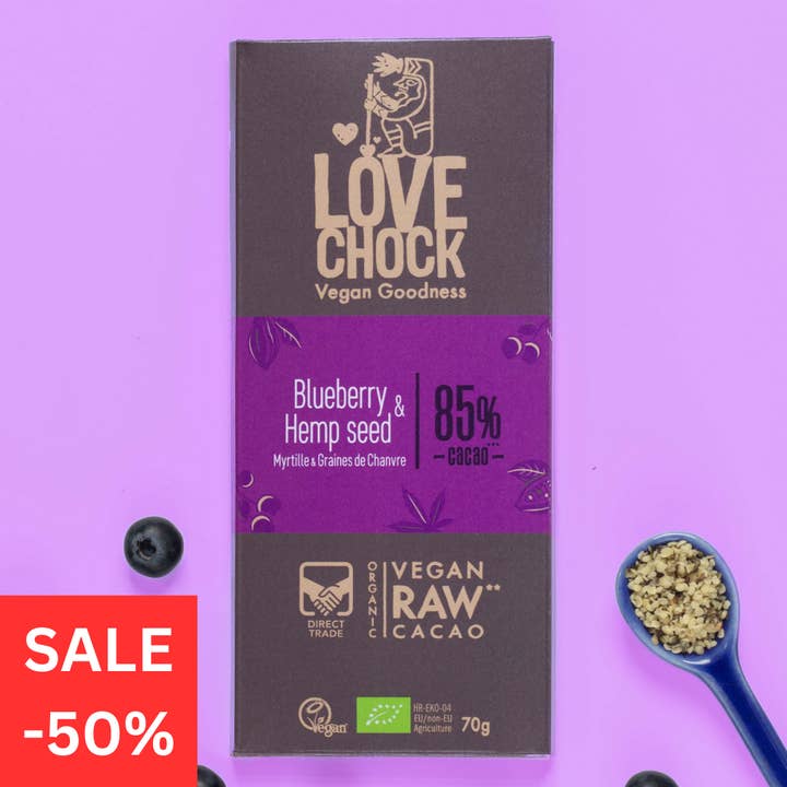 85% chocolat myrtille & chanvre -50% DDM : 10/06/2026. pour la vente par Lovechock NL