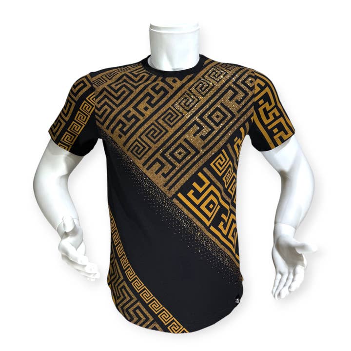 Schwarzes Herren-T-Shirt mit goldenem griechischem Streifenmuster und Strasssteinen für den Großhandel von Laverita