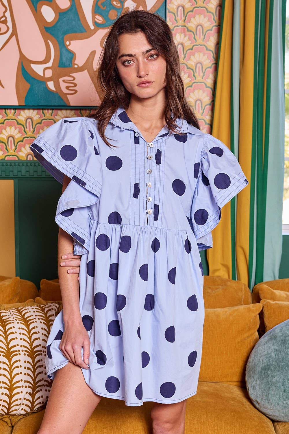 BUCKETLIST INC - Wholesale Dress - Women's - ID4283 Ruffle Sleeve Pintuck Detail Polka Dot Mini Dress26