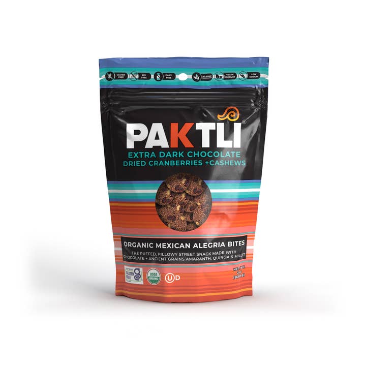 Paktli Foods - Wholesale Chocolate Covered Sweets - NEW Extra Dark Chocolate Alegria Bites+ Cranberries/Cashews20