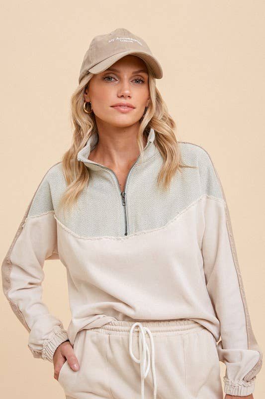 MINT ECRU COLOR BLOCK HALF ZIP UP PULLOVER for wholesale on Faire5