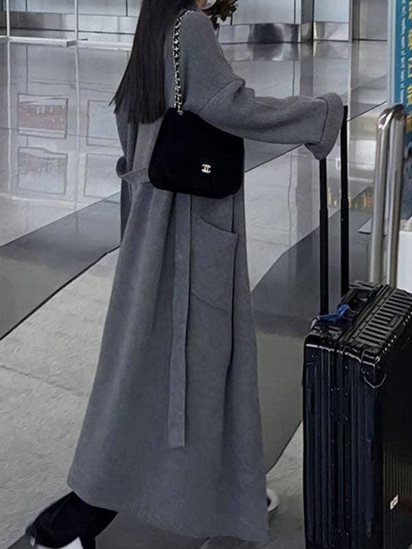 StyleGalX - Wholesale Cardigan - Women's - Long Sleeves Loose Pockets Solid Color Tied Waist Notched Collar Cardigan Coats2