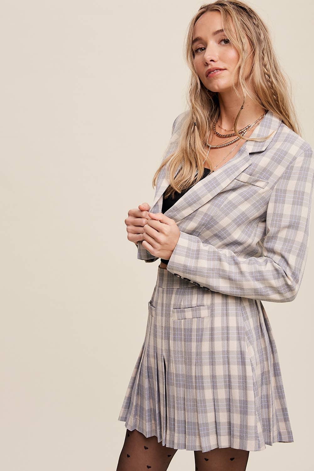 Listicle - Wholesale Top & Short Set (NOT Loungewear) - Women's - Plaid Cropped Blazer & Pleated Skort Set LSET1257