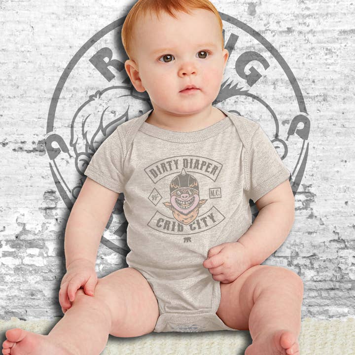 Dirty Diaper Motorcycle Club Short Sleeve Baby Bodysuit for wholesale by Raging Rascals