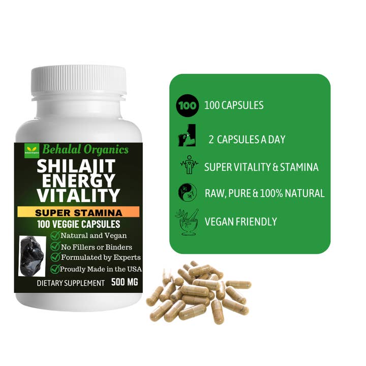 Behalal Organics - Venta al por mayor Suplementos/vitaminas para beber - Suplemento de Shilajit 500 mg 100 cápsulas rápidas