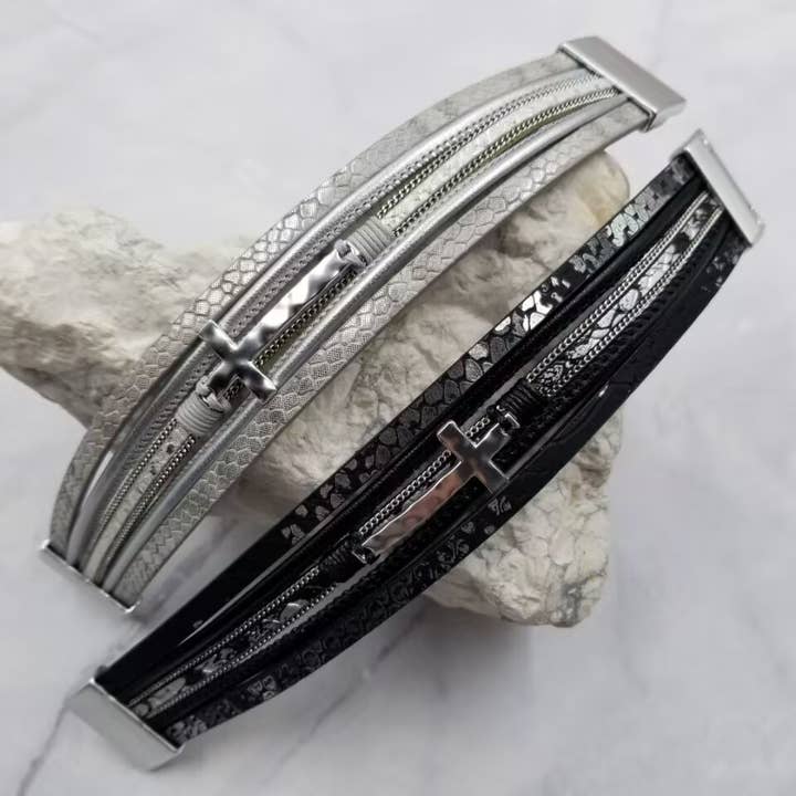The Pretty Jewellery - Wholesale Bangle Bracelet - Cross Layered Leather Magnetic Bracelet