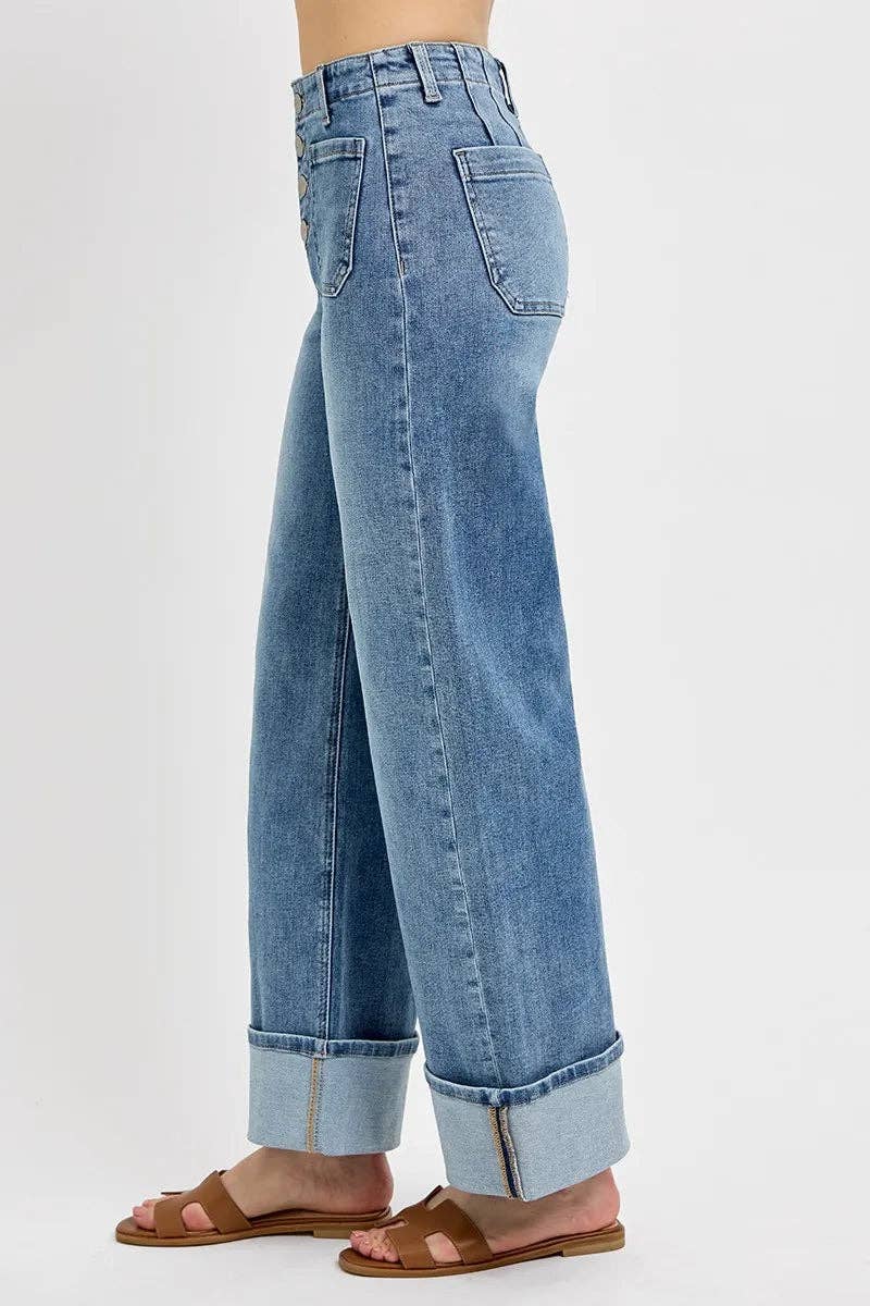 GEMIDDELDE RISEN Hoge Taille Enkellange Wijde Jeans met Knoop en Opgestikte Zakken en Omgeslagen Zoom voor groothandel op Faire3