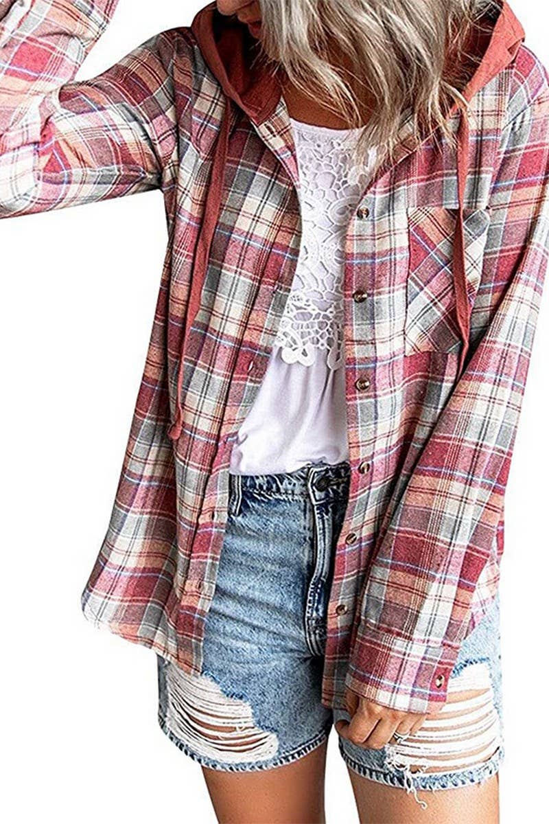 NINEXIS - Wholesale Coat - Women's - CWOCO1101_CASUAL HOODED COLORBLOCK PLAID SHIRT COAT