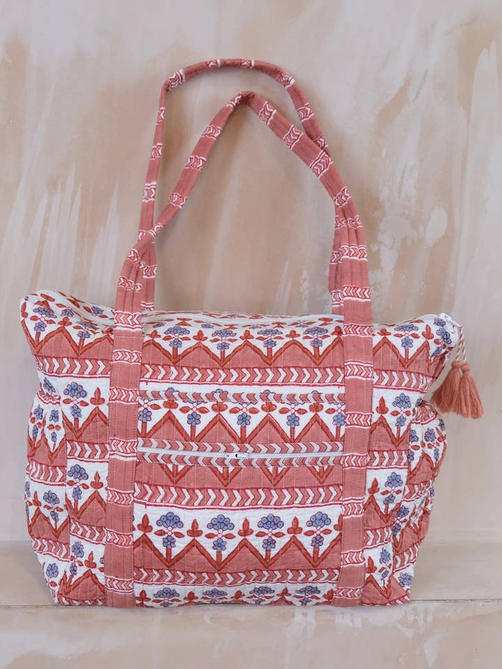 Block Print Terracotta Pink Quilted Nappy / Tote Bag for wholesale by Kapara London