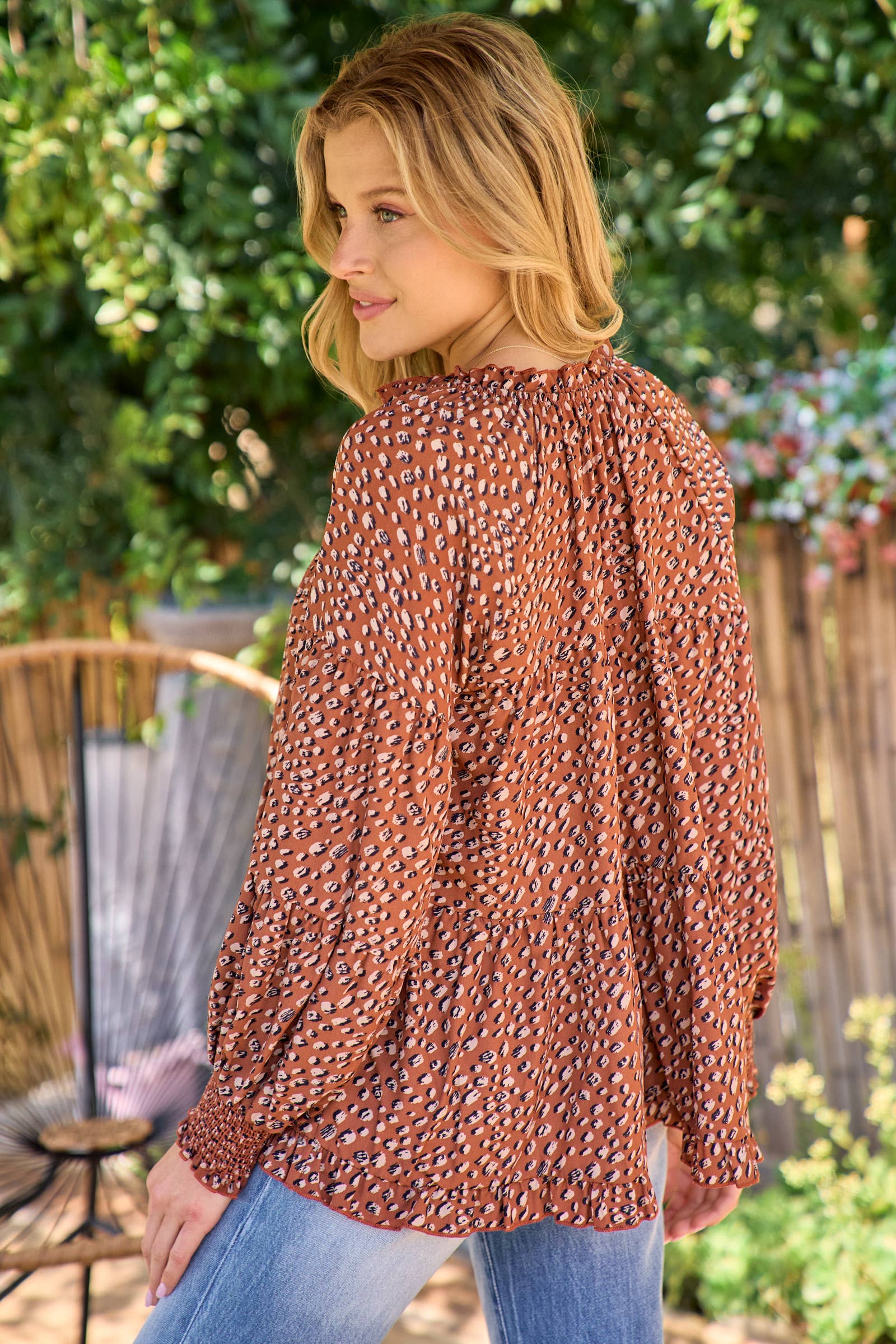 Brown Long sleeve baby doll blouse-IT9367 for wholesale on Faire5