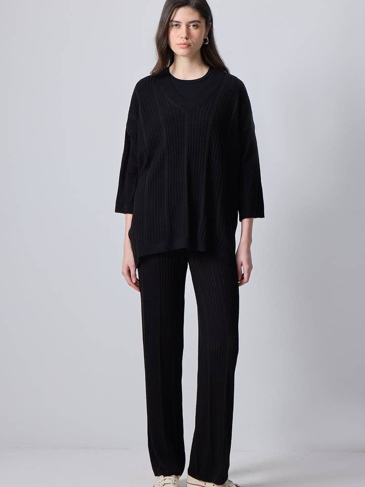 TEXTURED BLACK KNIT TUNIC & PANTS SET for wholesale by Touché Privé