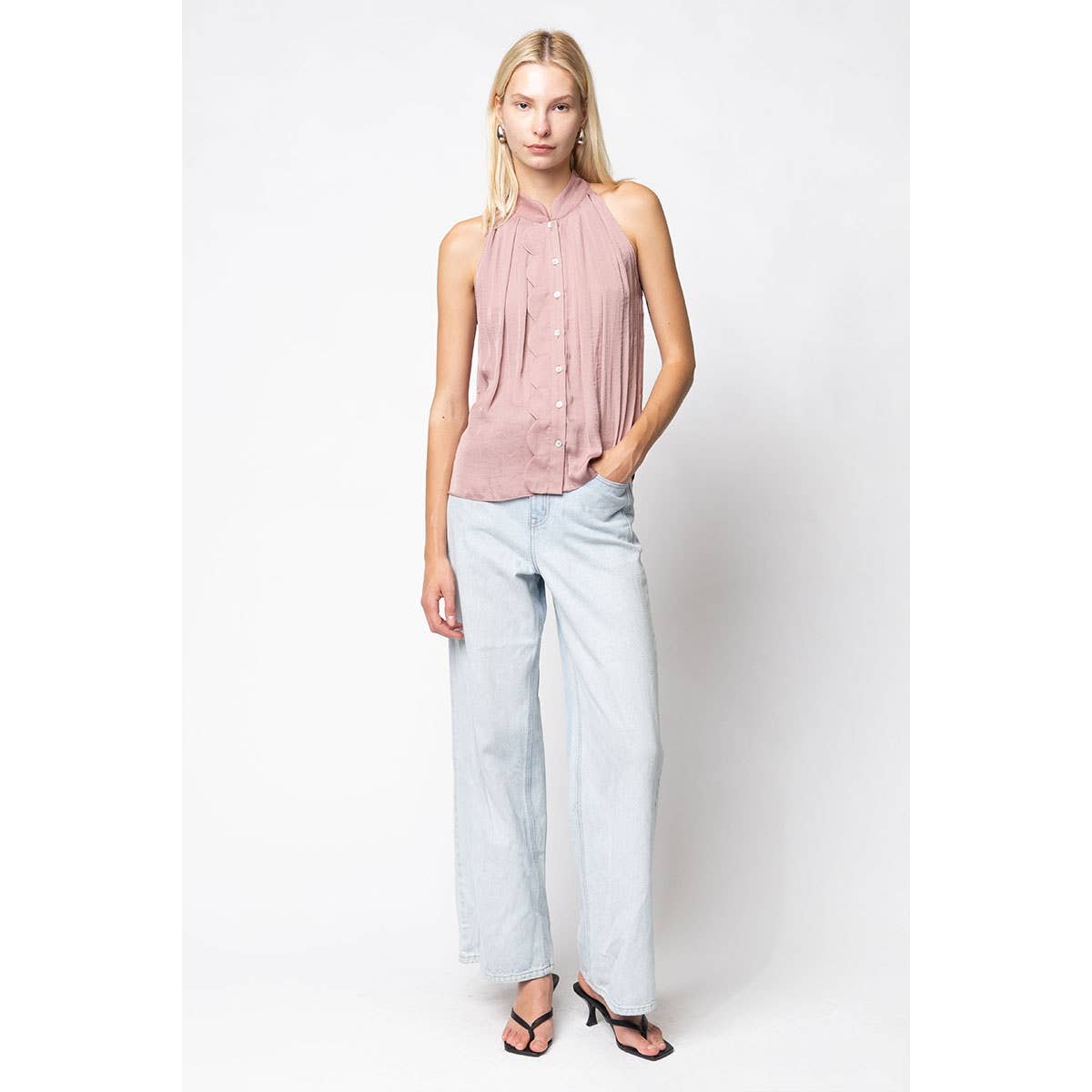 Naked Zebra - Vente Débardeur – femme - Haut sans manches boutonné à bordure festonnée16