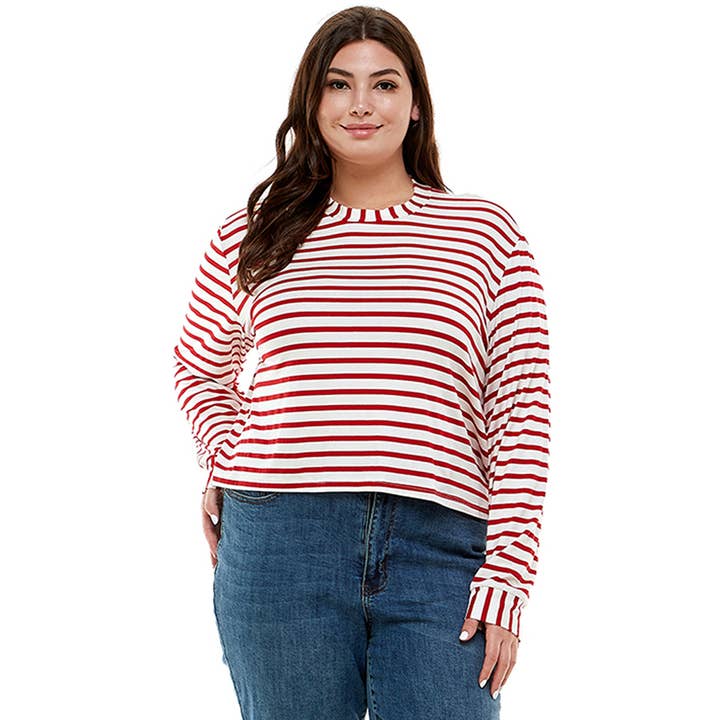 ATP-2331RS-PLUS SIZE Top de manga larga con estampado de rayas y cuello redondo para venta al por mayor de Azules Clothing