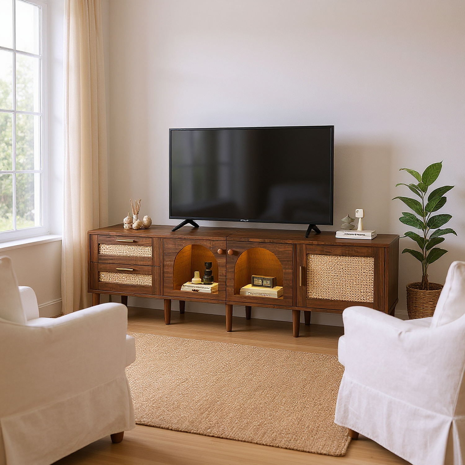 HOMYCASA DESIGN INC - Wholesale Console Table - Rattan TV Stand with LED Lights 3 Cabinets for 80" TVs2