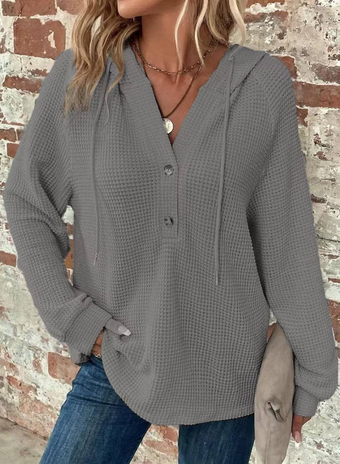 safistyle - Wholesale Hoodie - Women's - Women’s Waffle Knit V-Neck Hoodie Sweatshirt8
