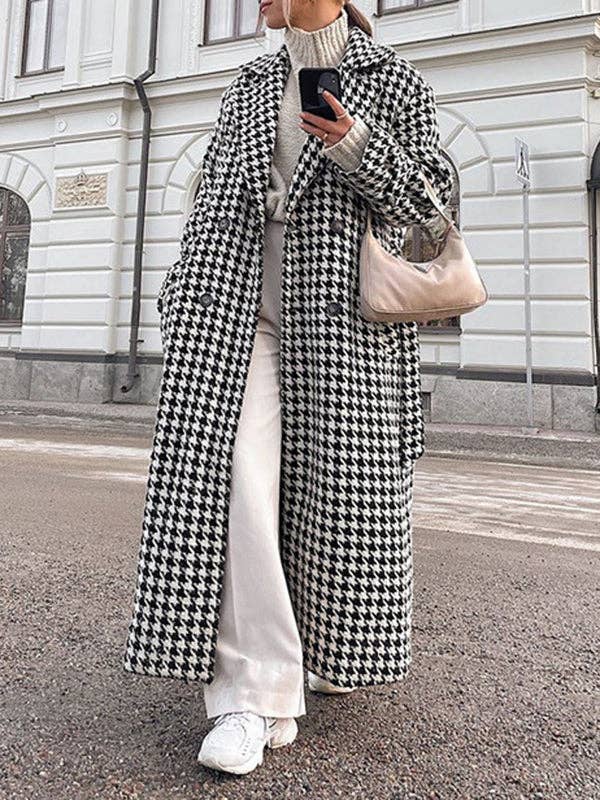 BLACK Long Sleeves Loose Houndstooth Split-Back Split-Joint Tied Waist Lapel Trench Coats for wholesale on Faire