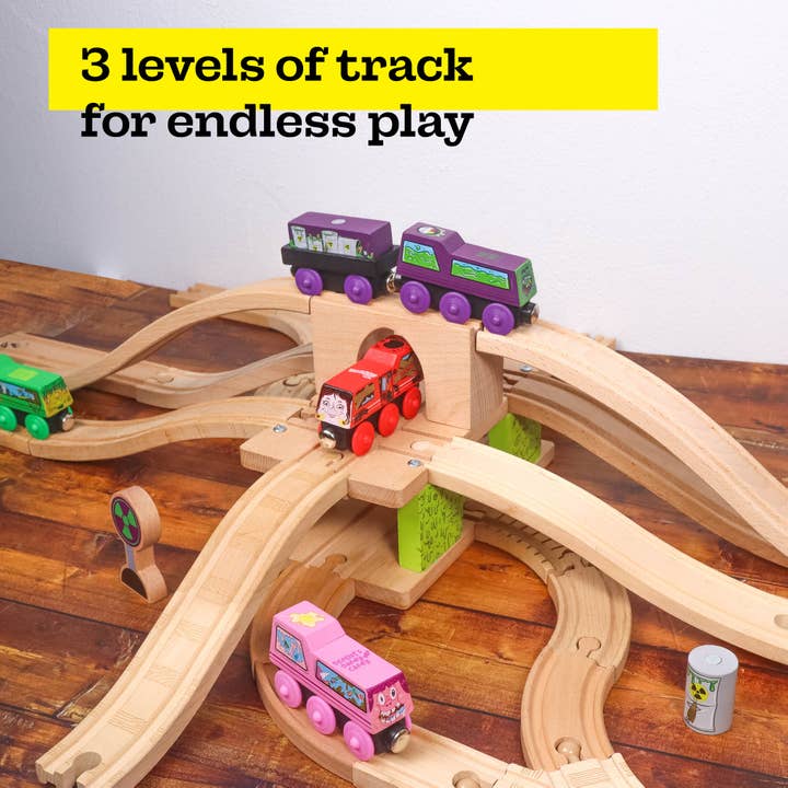 Twinkle Toys LLC - Wholesale Wood Toy - Kids - 3 Level Wooden Bridge and Train Tunnel - Zany Trains - Toxic3