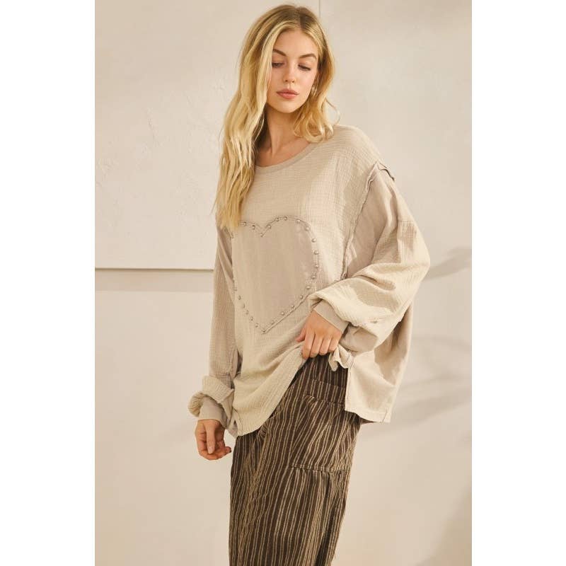 GRAY Studded Heart Patch Top for wholesale on Faire2