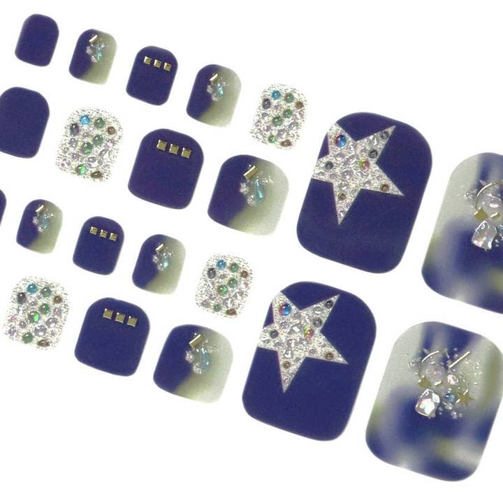 Navy Silver Star Toe Nail Wraps / 3D Glitter Toe Nail Polish Strips / Beach Galaxy Toe Nail Stickers / Blue Ombre Women Nail Wraps for Toes for wholesale by ClebleNails