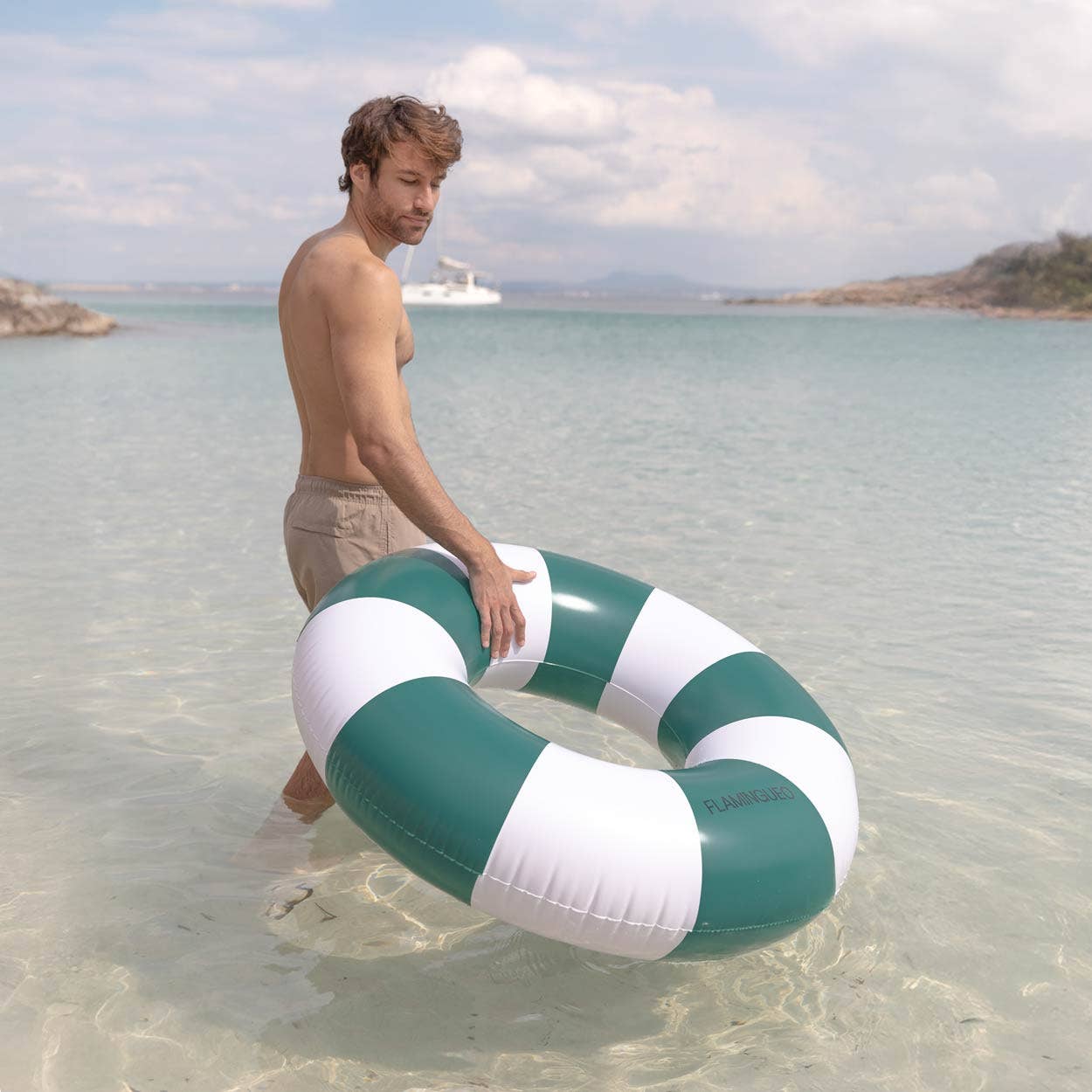 Flamingueo - Vendita all'ingrosso Accessori da spiaggia - Ciambella gonfiabile verde e bianca grande4