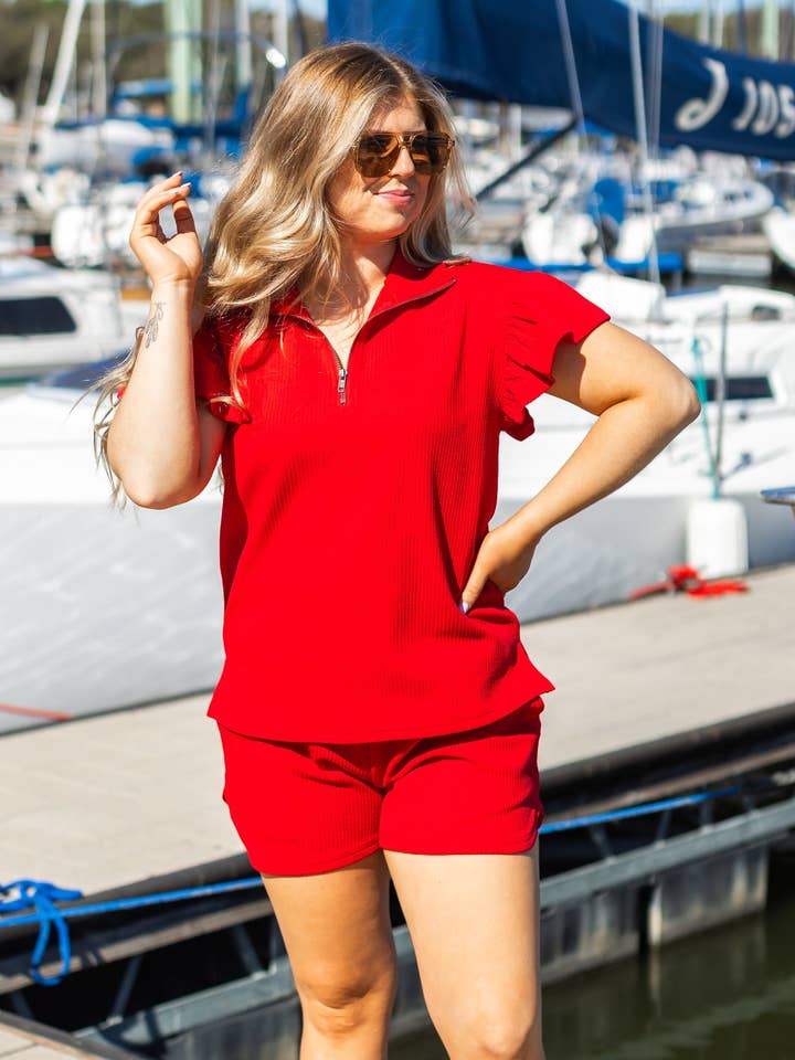 Red Quarter Zip with Flutter Sleeves for wholesale by GRACE+EMMA by Southern Grace