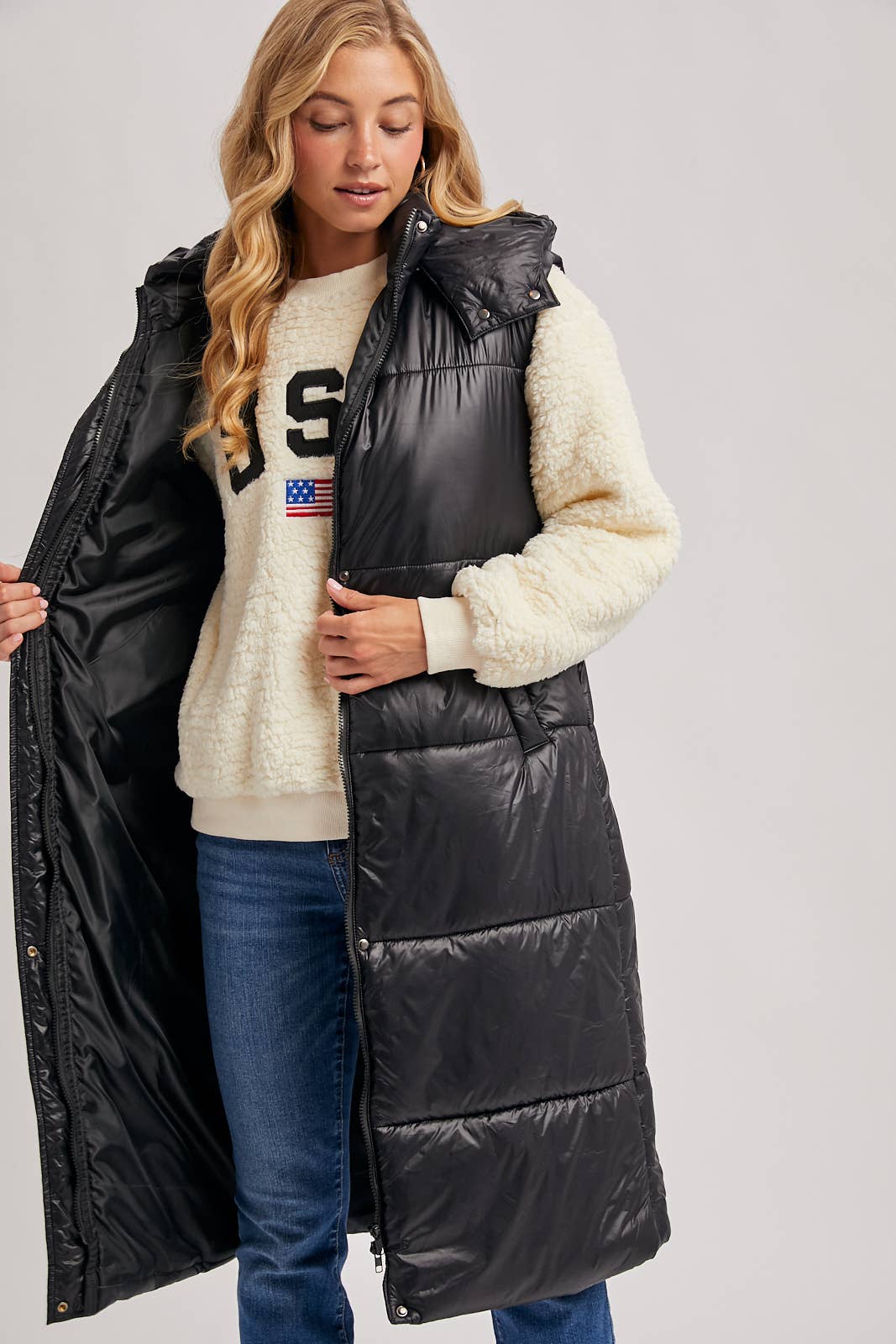 Bluivy – wholesale Väst - Dam – LÅNG LINJE BÄLTE PUFFER HUVA VÄST1