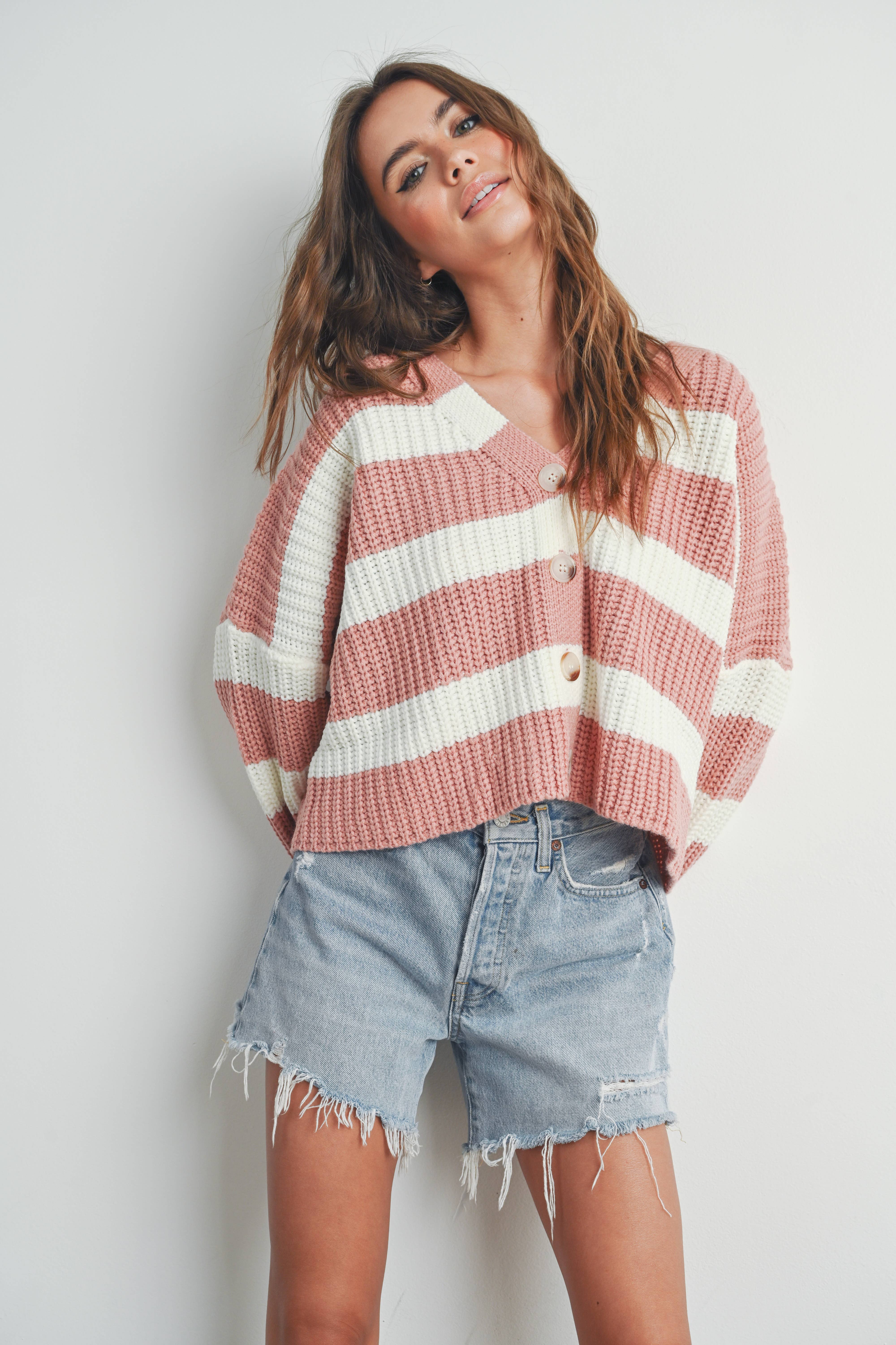BUTTERMELON – wholesale Cardigan – Women’s – Striped V-Neck Cardigan with Buttons - BMC733114