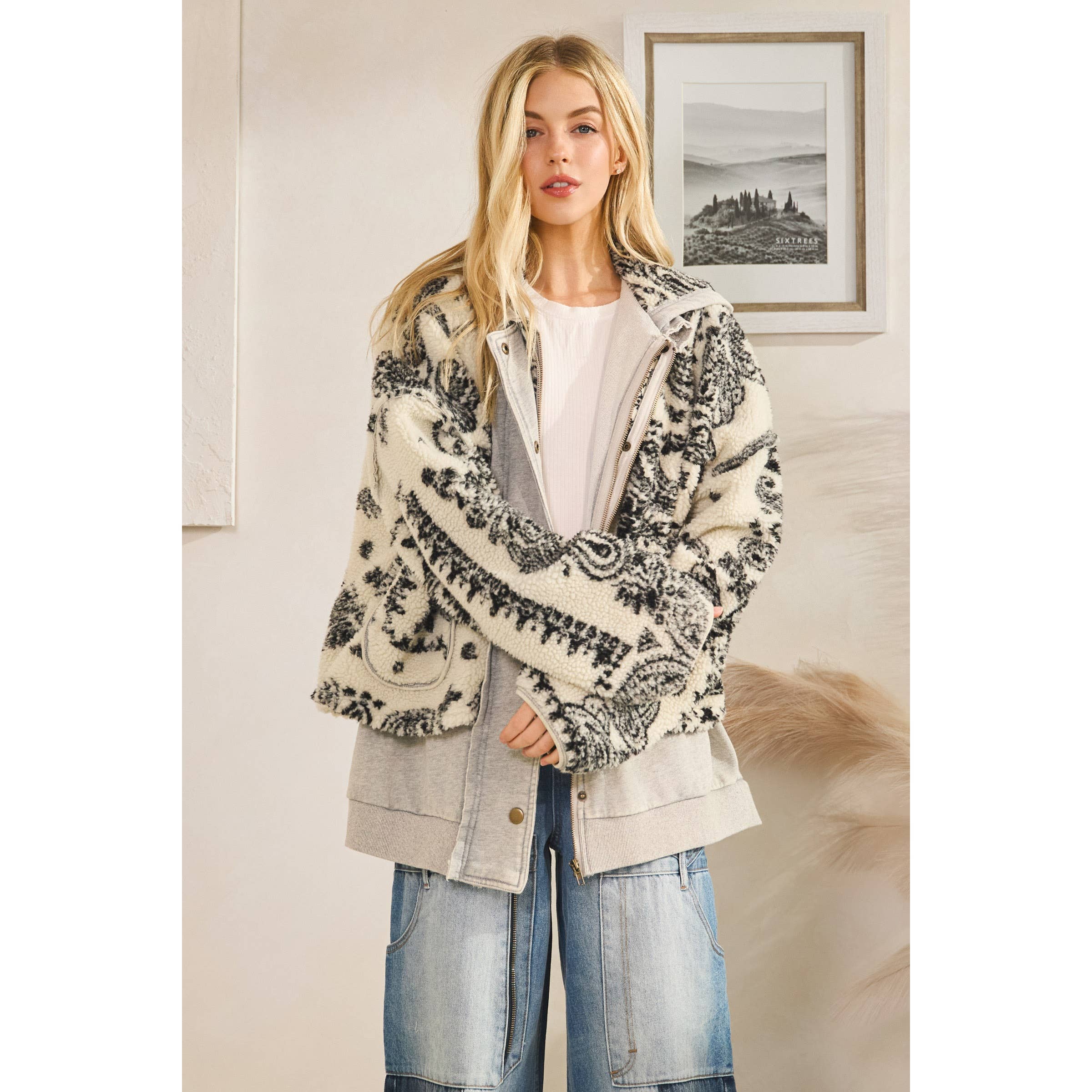 GREY CREAM TERRY FLEECE MIX ZIP FRONT JACKET for wholesale on Faire5