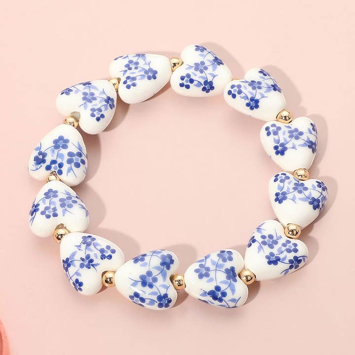 Flower Ceramic Heart Beaded Stretch Bracelet for wholesale by Sensibling Corp.