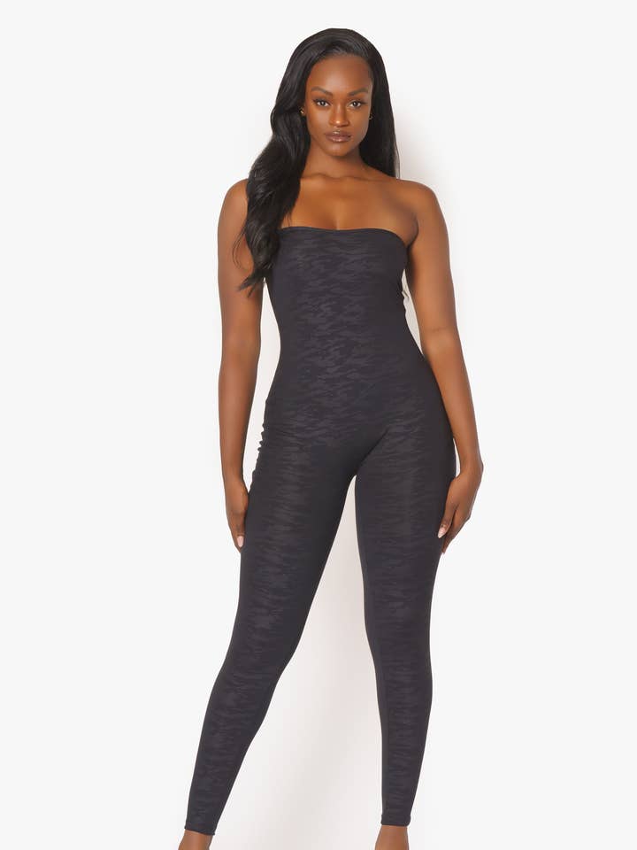 Black Embossed Leopard Tube Catsuit for wholesale by Playsuit Apparel