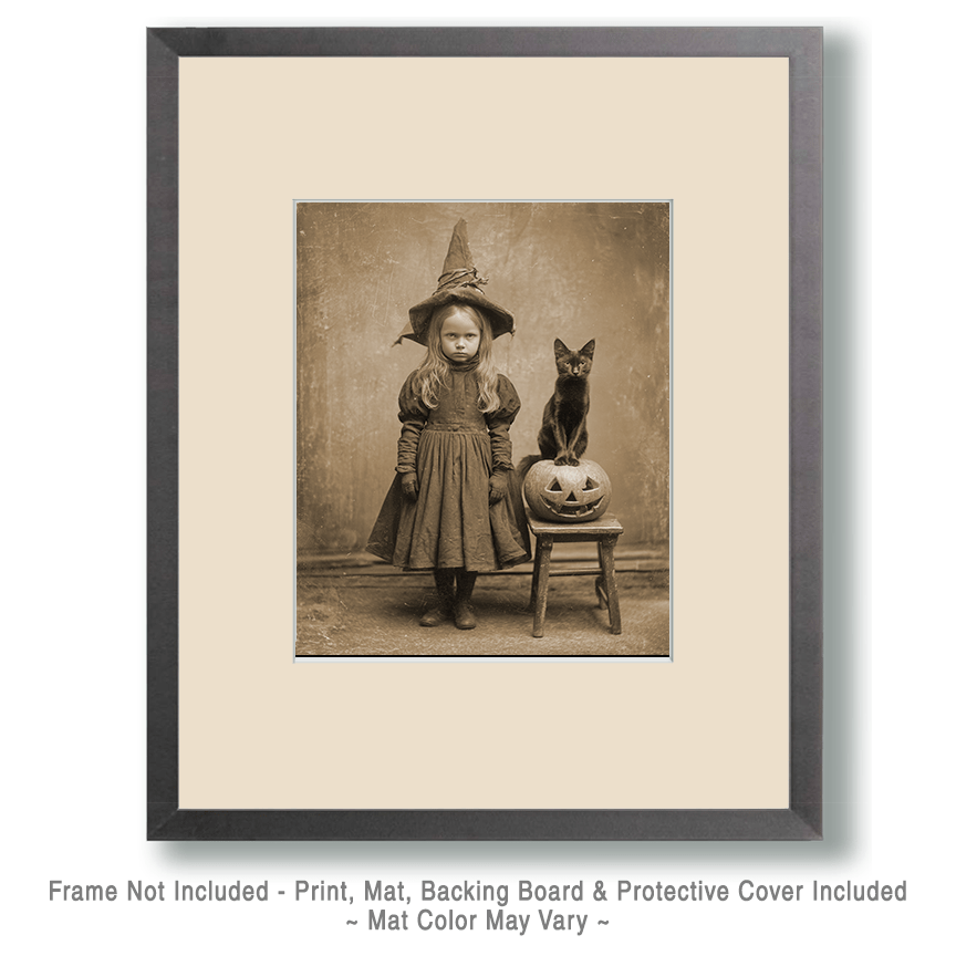 Mowbi - Wholesale Art Print - Vintage Girl Cat & Pumpkin Still-Life Halloween Art Print - 1