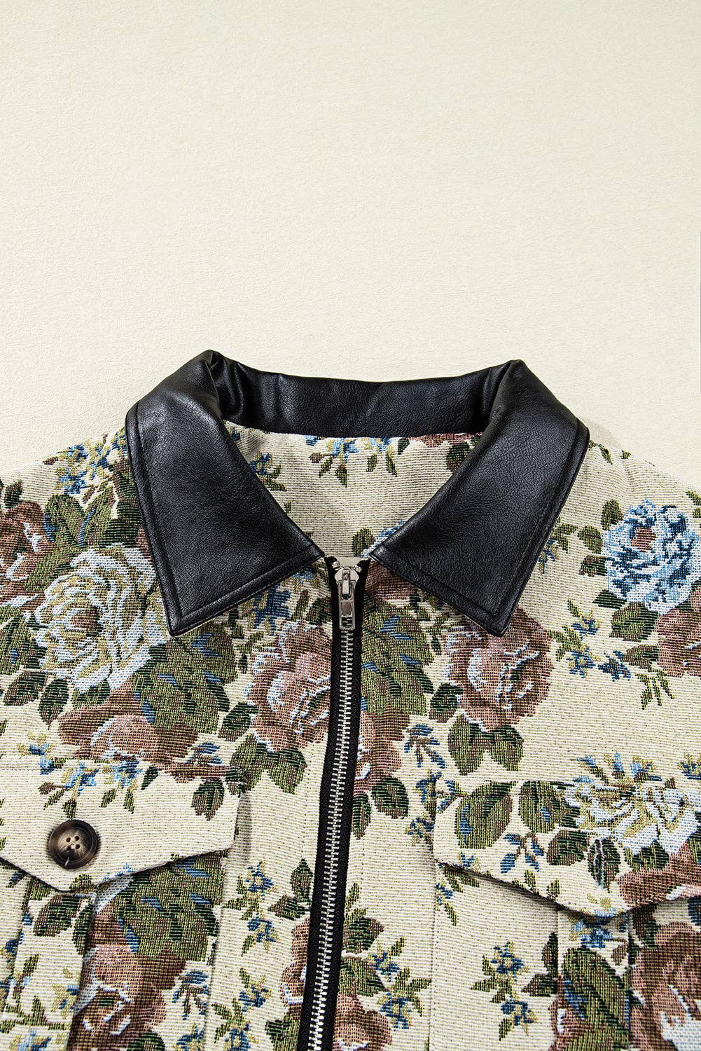 Khaki Floral Zip-Up Contrast Collared Jacket for wholesale on Faire7
