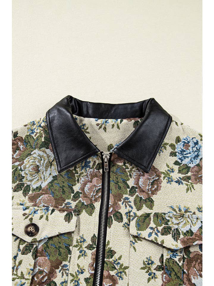 Khaki Floral Zip-Up Contrast Collared Jacket for wholesale on Faire7