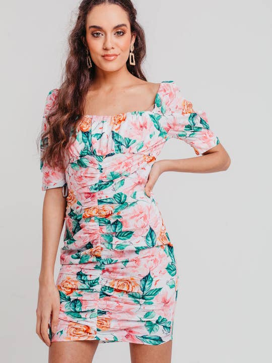 Rose Sweetheart Neck Puff Sleeves Ruched Bodycon Dress for wholesale by Pretty Darling