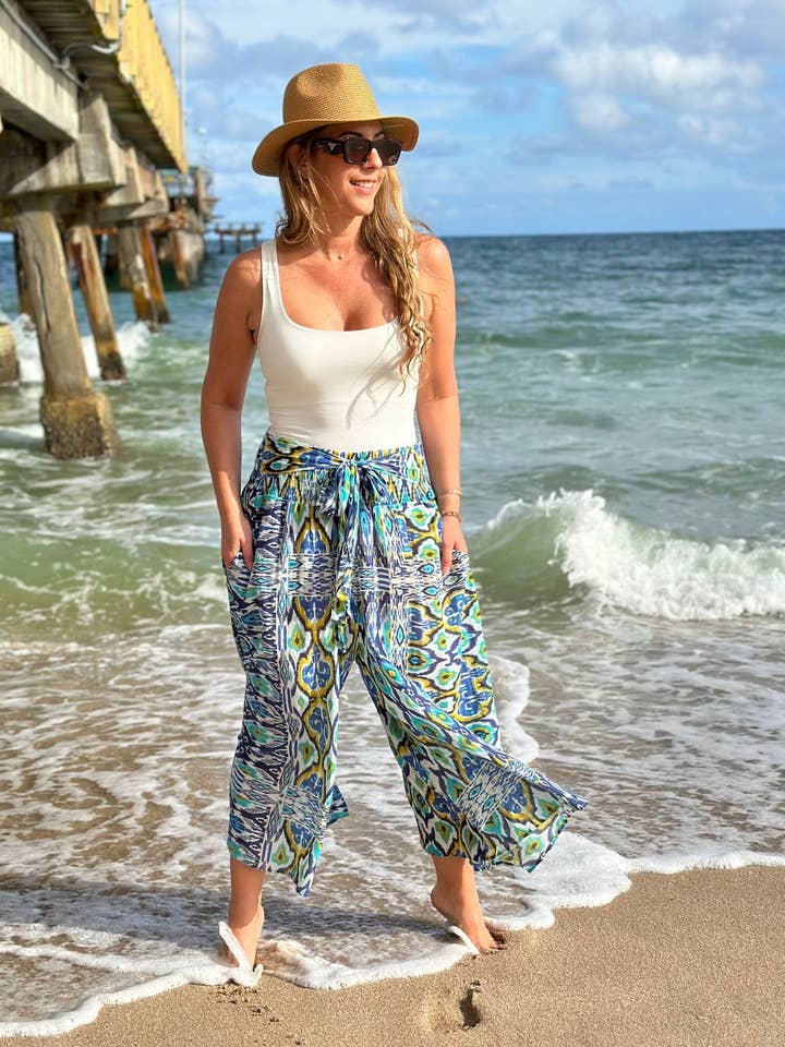 Pantalon Henida Aztec bleu et rouille pour la vente par Yady Clothing