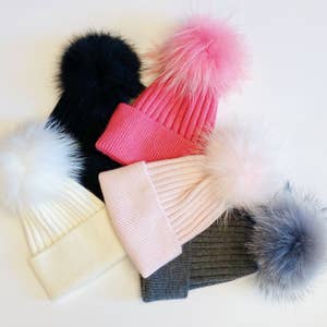 2 Tone Angora Knit Fur Pom Beanie - Pretty Simple Wholesale