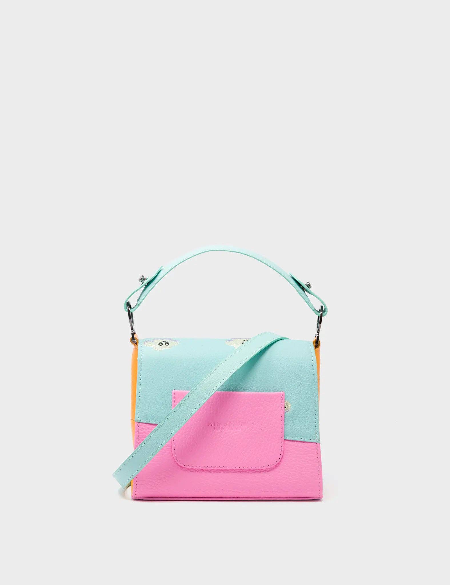 Min & Mon – Großhandel Umhängetasche - Damen – Anastasio Micro Umhängetasche Wasserballett Blau und Kaugummi Pink Leder - Happy Clouds Design3