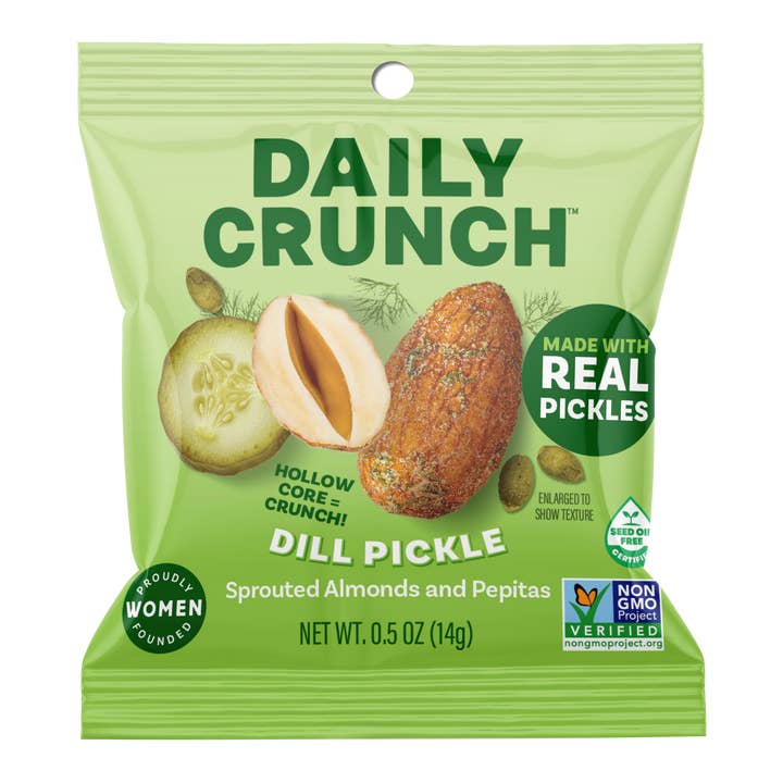 Dill Pickle Sprouted Almonds & Pepitas, 0.5 oz Mini Bag for wholesale by Daily Crunch