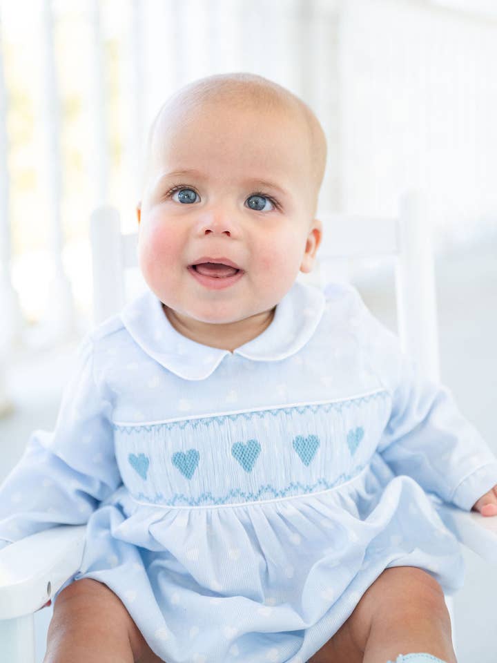 Blue Hearts Smocked Henry Bubble for wholesale by Ruth and Ralph