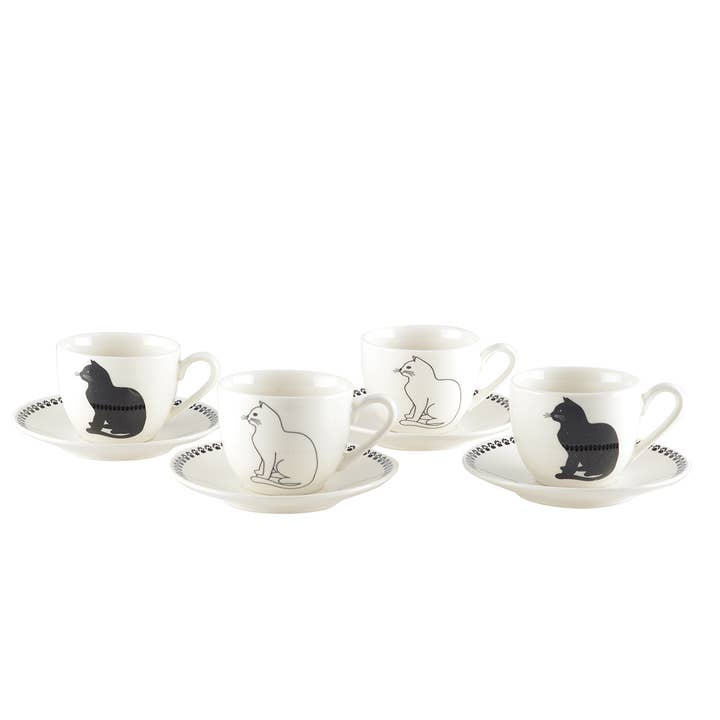 AULICA - Wholesale Coffee/Tea Cup - Black And White Cat Coffee Cups With Saucers - Set Of 4