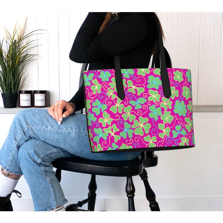 RiverWood Forest - Wholesale Tote Bag - Women's - Irish Jig Pink Clover Vegan Leather Tote Bag Purse5