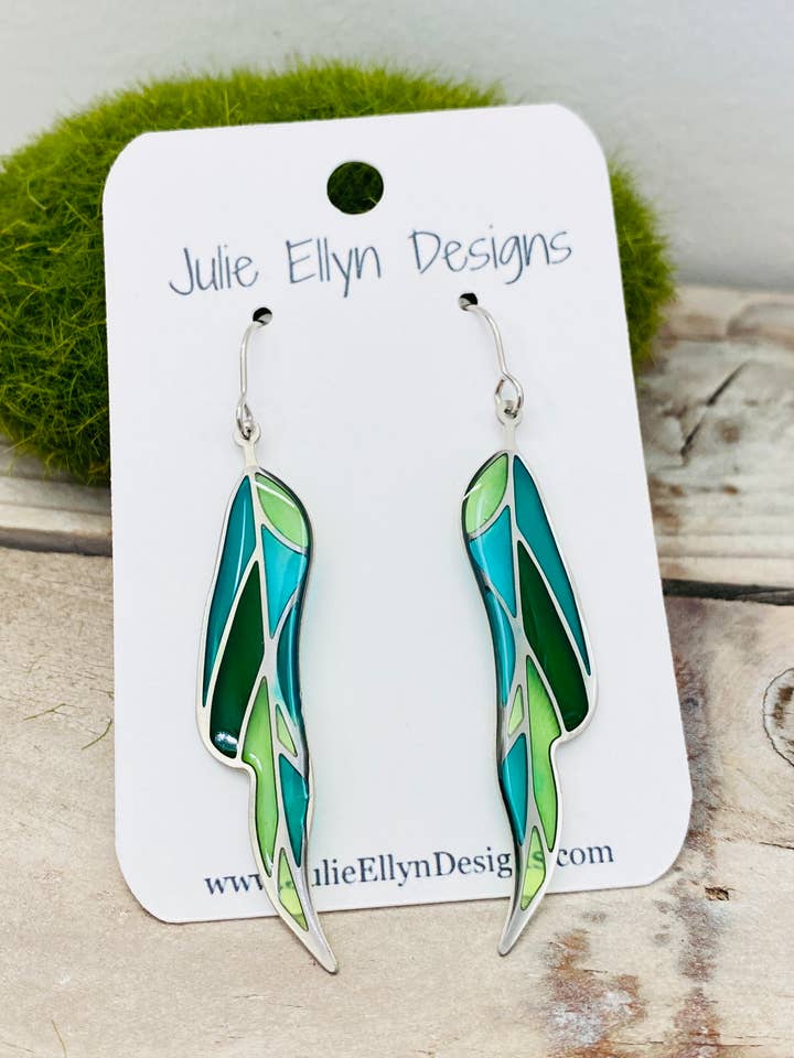 Stained Glass Long Leaf Earrings - Silver for wholesale by Julie Ellyn Designs