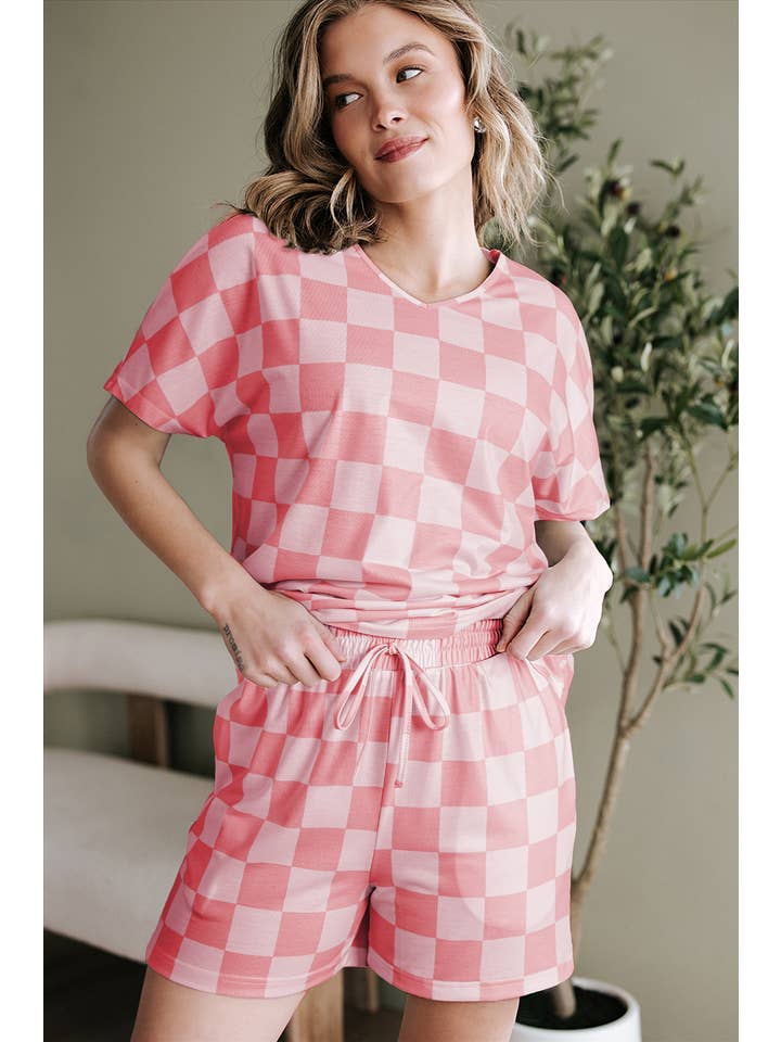 1 the Woman - Wholesale Lounge Set - Women's - Checkered V Neck Tee Drawstring Shorts Lounge Set