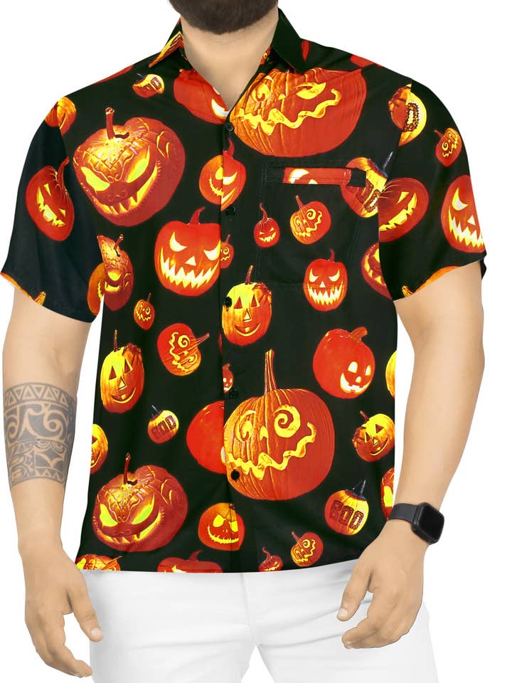 La Leela Halloween Scary Pumpkin Patch Shirt Black P00091 for wholesale by LA LEELA \ HAPPY BAY