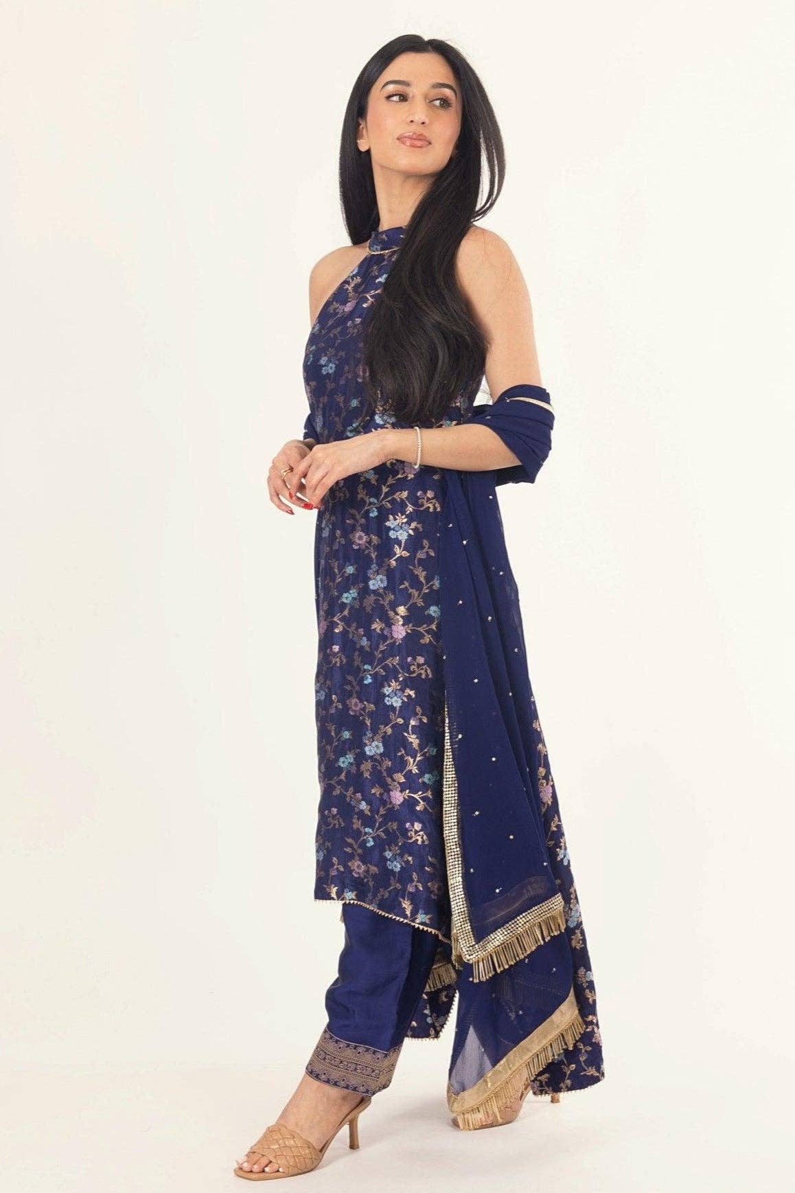 Navy Lazuli Blue Banarasi Silk Salwar Kameez Set with Halter Neck for wholesale on Faire5