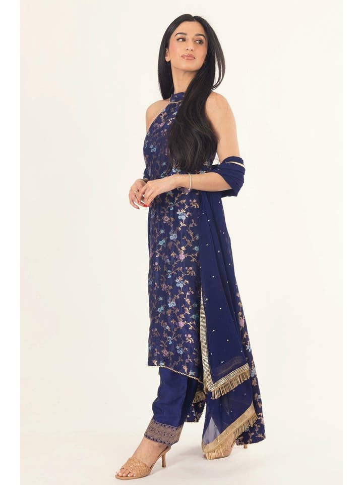 Navy Lazuli Blue Banarasi Silk Salwar Kameez Set with Halter Neck for wholesale on Faire5