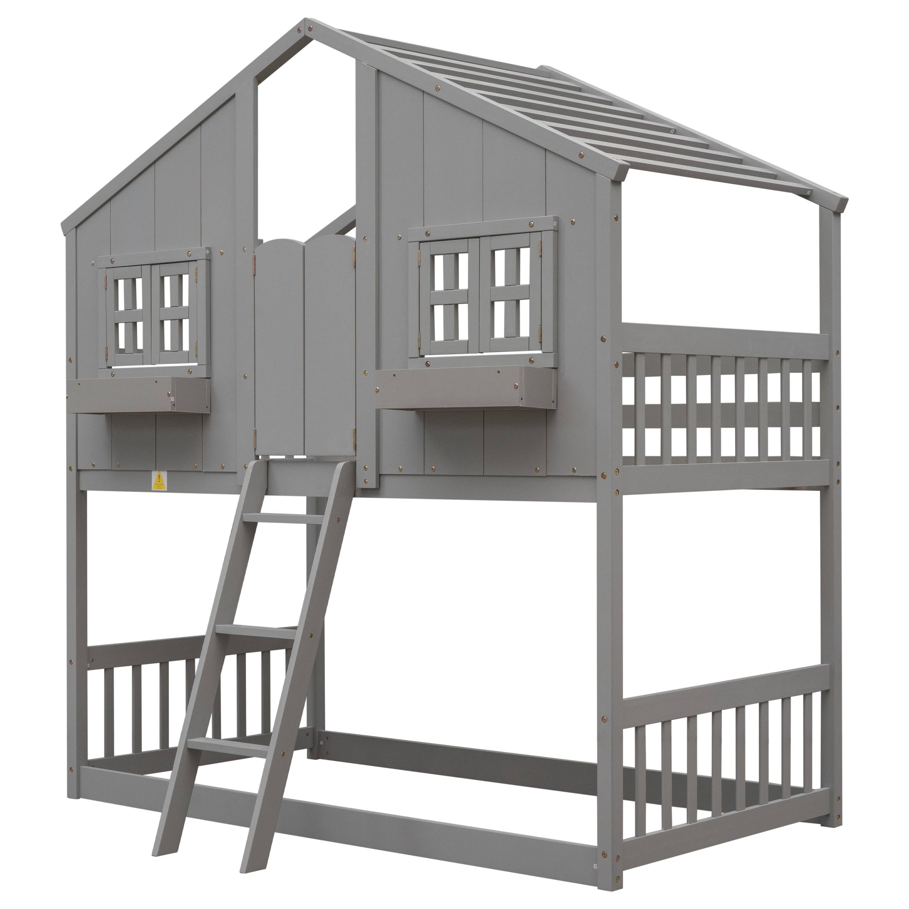 39F Inc. - Wholesale Bed - Kids & Baby - Grey Twin over Twin House Bunk Bed with Roof, Guardrails 7
