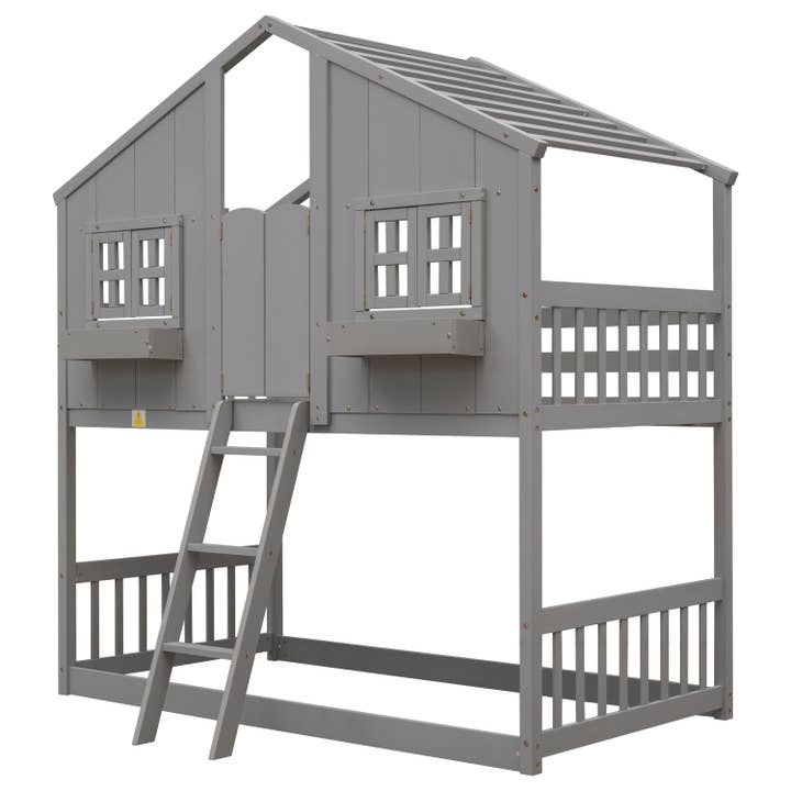 39F Inc. - Wholesale Bed - Kids & Baby - Grey Twin over Twin House Bunk Bed with Roof, Guardrails 7