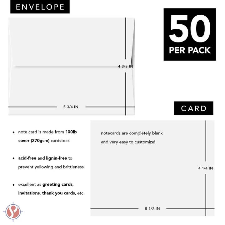 Fine Cardstock - Wholesale Briefpapier/indexkaartenset - Witte 100lb kaarten en enveloppen zonder vouw | 10,8 x 14 cm (A2-formaat) | 50 stuks per verpakking5