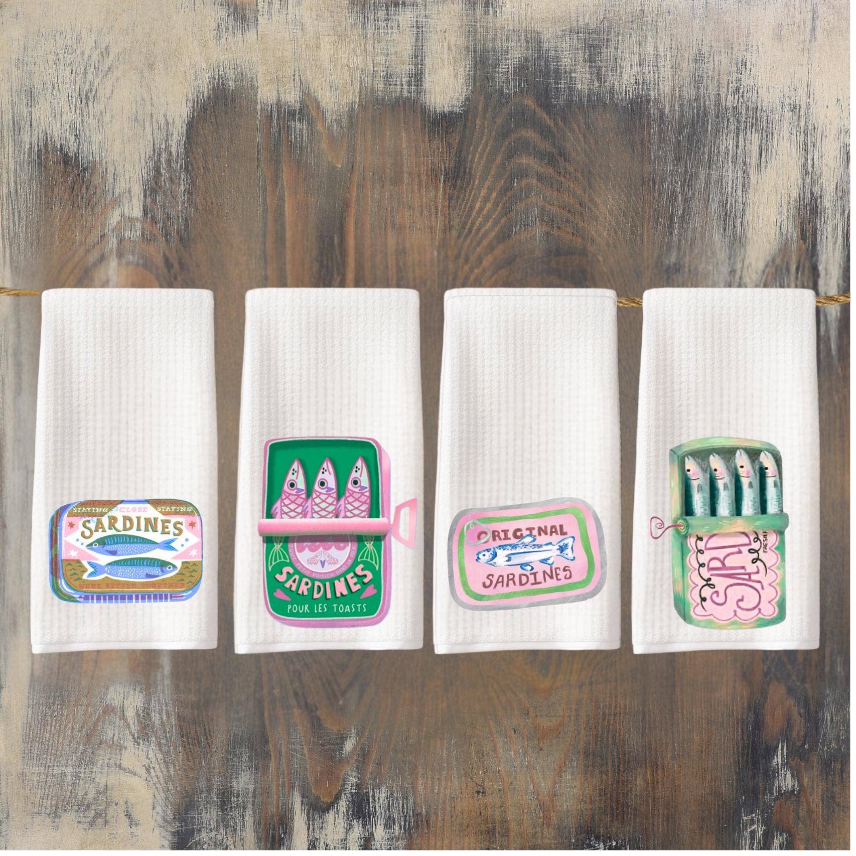 Cottage & Club - Wholesale Tea Towel - Retro Sardine Can Waffle Weave Tea Towel Collection - Fisherman Aesthetic - French Decor - Dopamine Decor - Colorful Coastal Kitchen Decor5